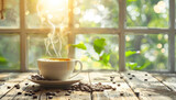 Una tazza di caffè fumante su un tavolo rustico in legno, con chicchi di caffè sparsi in giro. La luce del mattino filtra da una finestra, creando un'atmosfera calda e accogliente