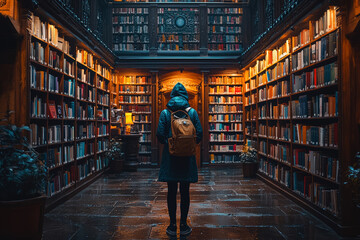 Canvas Print - A person in a library where each book represents a different universe, symbolizing the vastness of the multiverse. Concept of knowledge.