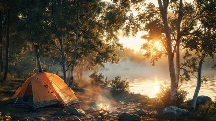 Wall Mural - Sunrise Camping by the Lake