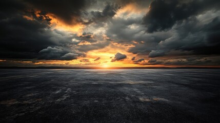 Wall Mural - Epic Sunset. Dark Dramatic Sky with Horizon Clouds Landscape on Black Concrete Floor