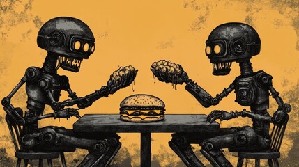 Canvas Print - Two robotic figures, resembling skeletons with glowing eyes, sit at a table, each holding a portion of a burger that is dripping with sauce