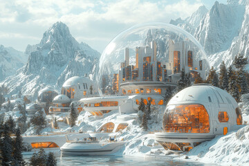 Wall Mural - a futuristic alien city under a protective dome, symbolizing environmental preservation on distant p