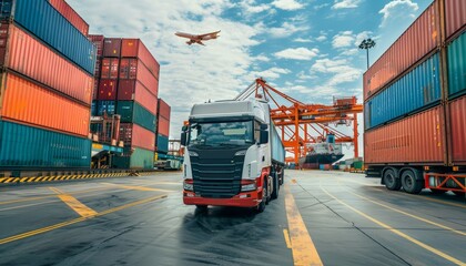 Un autocarro portacontainer opera nel porto per la logistica aziendale e il trasporto di merci su navi cargo e aerei cargo. Un ponte gru è attivo nel cantiere navale, supportando l'industria della log