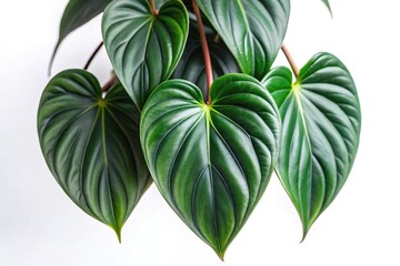 Wall Mural - Philodendron hederaceum micans leaves on white background with shallow depth of field