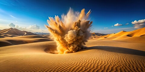 Wall Mural - Photo of small explosion disturbance in desert sand dunes with shallow depth of field.