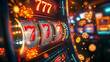 © Prasanth - Abstract casino slot machine background. Colourful online casino banner 777 big winning symbol of gold jackpot, casino bar celebration light graphic. Entertainment leisure concept 3d digital artwork.