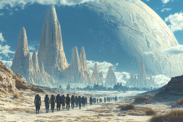 Wall Mural - a city on a ringed planet with alien species walking in harmony, symbolizing advanced civilization a
