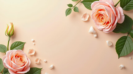 Wall Mural - Two beautiful pink roses with lush green leaves and scattered petals are arranged artfully on a soft beige surface, creating a charming and elegant display suitable for any occasion