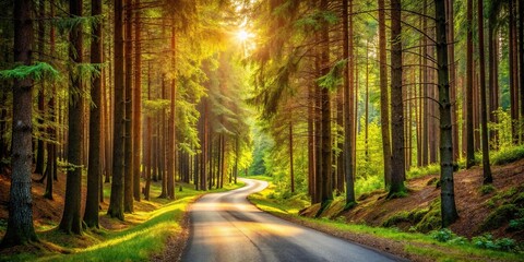 Wall Mural - picturesque forest scene with winding road Medium Shot