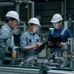 Engineers inspect and discuss production processes in an automated manufacturing facility.