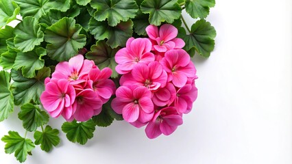 pink geranium flowers with green leaves on white background