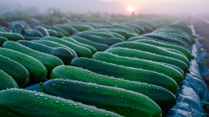 Early Morning Dew on Ripe Cucumber Field