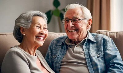 Wall Mural - An elderly couple enjoys a heartwarming conversation filled with joy and laughter in their cozy living room, basking in the warm afternoon light