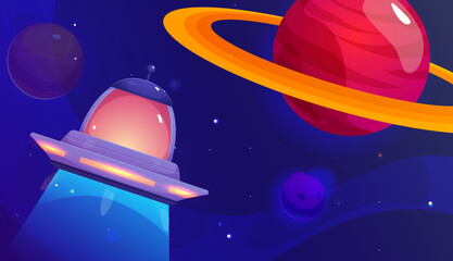 Wall Mural - Unidentified flying object UFO on space landscape, fantasy alien extraterrestrial spaceship in universe and Saturn