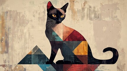 Naklejka na meble   A multicolored piece of art depicts a black cat perched atop it