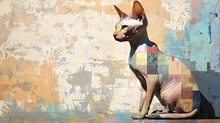 Wall Mural -   A painting of a feline lounging in front of a multi-colored mural on its rear