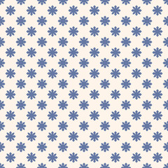 Vector seamless pattern in retro vintage style. Simple geometric floral ornament. Abstract background texture with small bold flower silhouettes, sun. Repeated funky geo design. Blue and white color