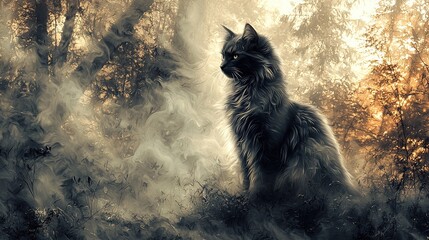 Wall Mural -  Black cat on grass, surrounded by tall trees in the forest