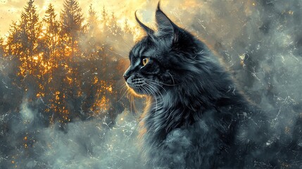 Wall Mural -   A black cat sits in a forest of yellow and gray clouds, surrounded by trees