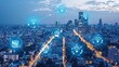 © somneuk - Aerial view of a city at dusk, featuring glowing network symbols, representing connectivity and smart technology integration.