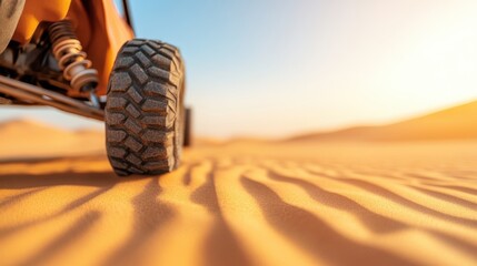 A detailed close-up of an off-road vehicle tire on rippled desert sand under a bright, expansive sky indicating adventure and durability in extreme conditions.