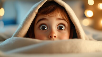 A young child with big, surprised eyes peeking out from under a soft beige blanket, with bokeh lights in the background creating a warm atmosphere.