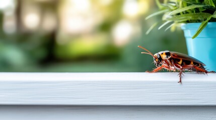 A solitary beetle with red and blue markings is seen close-up on a white railing beside a small potted plant, providing a natural yet serene composition.