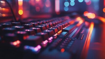 A gaming keyboard and mouse setup, reflecting the RGB lighting from the surrounding equipment.