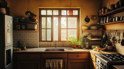 A broad view of a cozy, empty kitchen decorated in the Indian style. Elegant, traditional South Asian home with utensils and a large window that lets light and warmth in throughout spring. Retro Warm