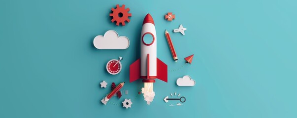 Rocket launch and creative elements arrangement on teal background. Innovation and startup concept