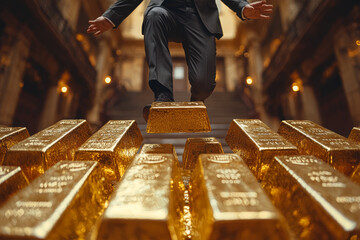 Wall Mural - A businessman jumping from one floating gold bar to another, representing the leap of faith required to achieve financial success. Concept of business.