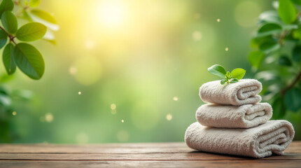 Poster - Three fluffy towels are arranged on a wooden surface, accentuated by a small green plant on top, set against a lush, vibrant background during daytime