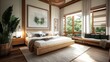 © Riko - Tropical bedroom interior design with large windows and lush greenery