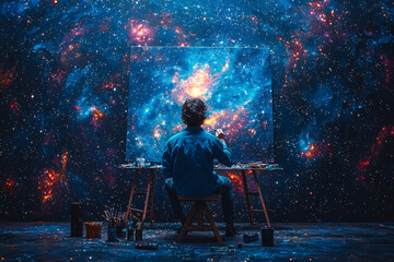 Wall Mural - An artist painting the night sky filled with stars, symbolizing the creation of the universe. Concept of cosmic creation.