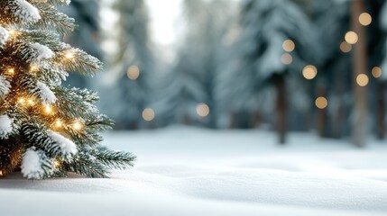 A scenic winter image of a snowy Christmas tree situated by quiet woods. Illuminated with soft lights, it encapsulates winter beauty in a peaceful, natural setting.