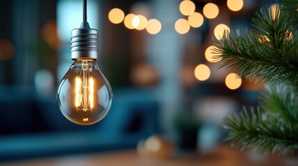 A creatively lit bulb hangs, framed by evergreen branches with festive lights in the background, capturing the warmth and joy of the holiday season.