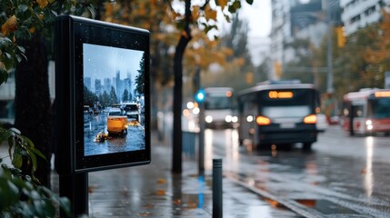 A digital sign displays an image of a taxi in the rain on a busy city street, capturing the essence of urban life and rainy day mood in a modern metropolis.