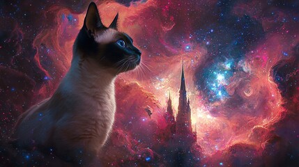 Wall Mural -   Black-and-white feline on starlit field, castle in distance