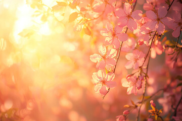 Beautiful illuminated by sunlight fresh cherry blossoms in the spring season, cherry flowers of unusual pink color with a small depth of field.