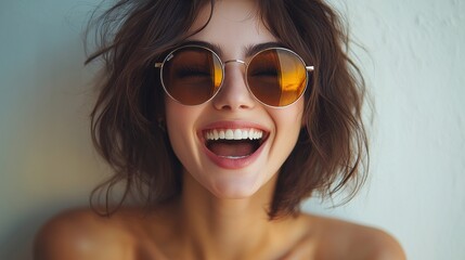 A joyful woman wearing round sunglasses smiles brightly against a light background on a sunny day outdoors