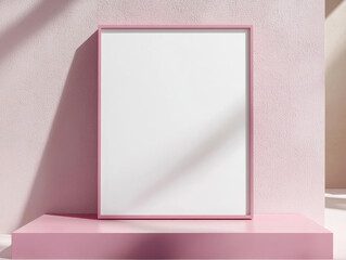 Beautiful pink picture frame mockup with a white blank canvas, standing on a pink table