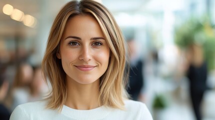 Wall Mural - A cheerful young woman in a casual white top smiles warmly at a cafe interior, capturing a light and friendly atmosphere perfect for a relaxing day.