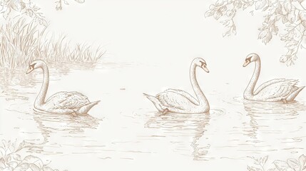 Naklejka na meble   Three swans glide through a pond with lush grass and vibrant flowers as a majestic tree stands tall in the foreground