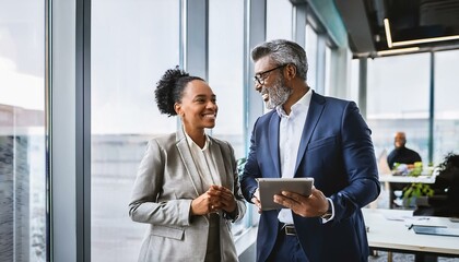 Busy mature professional business people, two happy business man and woman executives partners team working together walking in office using digital tablet talking on company financial project.