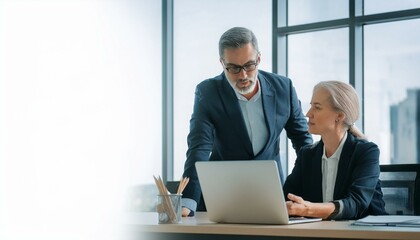 Two busy professional business people working in office with computer. Middle aged female executive manager talking to male colleague having conversation showing software online solution on laptop