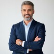 © l1gend - Vertical portrait of happy mid adult business man company owner entrepreneur, smiling mature professional executive manager, confident businessman leader looking at camera standing isolated on white.