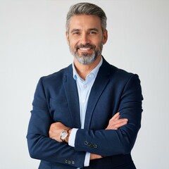 vertical portrait of happy mid adult business man company owner entrepreneur, smiling mature profess
