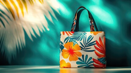 A tote bag with bright, bold patterns displayed on a clean white surface, side lighting creating depth.