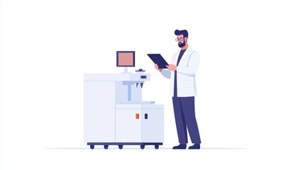 A technician using a tablet to monitor industrial machines, technology in industry, flat design, isolated on white background