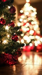 A close-up of a Christmas tree with red ornaments and twinkling lights, creating a warm and festive atmosphere.